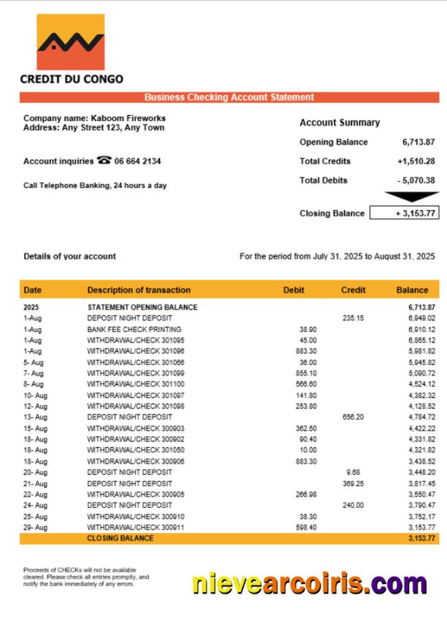 Congo Credit du Congo bank business account statement